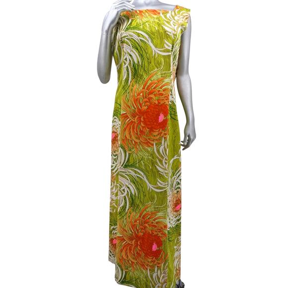 Vintage 60s NWT ALICE of CALIFORNIA Hawaiian Tiki Floral Maxi Dress Button Train - Picture 2 of 12